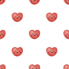 Seamless Watercolor Cute Red Smiling Heart Pattern: Romantic Valentine's Day Love Background for Kids and Nursery.