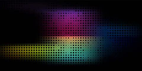 Fototapeta premium Abstract dark background featuring a halftone star pattern combined with colorful gradient light effects in purple, blue, green, and yellow tones