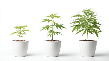 Obraz premium Cannabis plants in different stages of growth isolated on white background showing progression from seedling to mature foliage for educational use