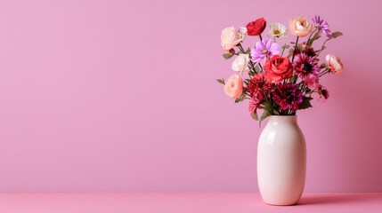 Naklejka premium Vibrant Bouquet Of Roses Dahlias Cosmos And Gerbera Daisies In White Ceramic Vase Against Solid Pink Background With Lush Colorful Arrangement