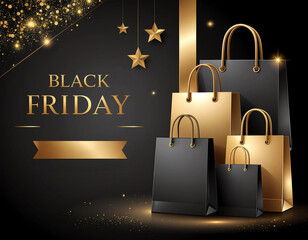 Black Friday gold letter, Sale Banner with Gift bags and Empty Space for Text