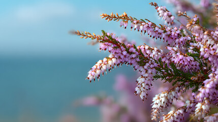 Purple heather flowers against a blurred green foliage background and copy space for text. Spring floral background illustration.