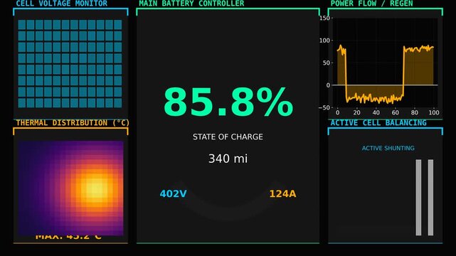 Electric Vehicle Battery Management System Dashboard Showing Charge Level, Thermal Data and Power Flow