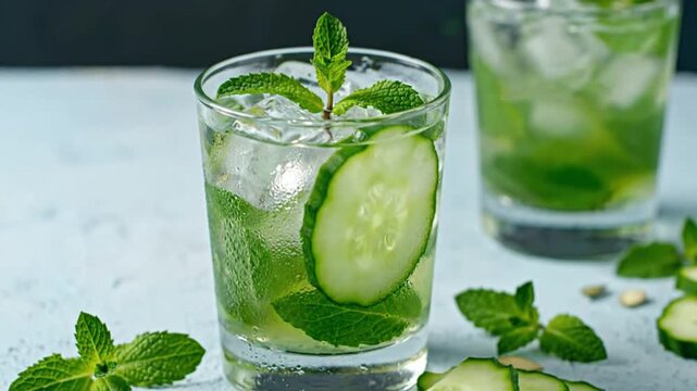 This close-up shot features a vibrant and refreshing beverage served in a clear glass, brimming with ice cubes, crisp cucumber slices, and fragrant mint leaves. Beads of condensation on the glass emph