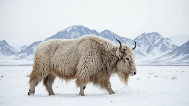 A solitary yak walking through a snowy landscape near mountains.