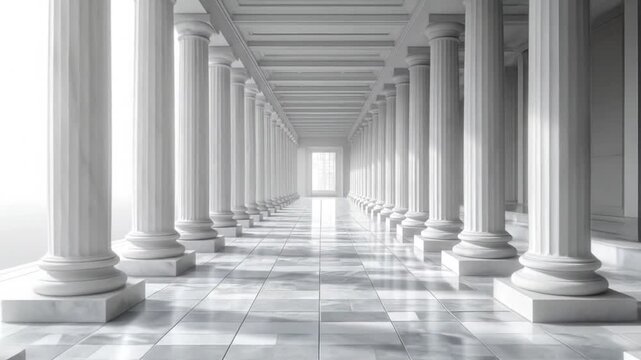 A bright, elegant hallway with tall, white columns, checkerboard floor, and light at the end