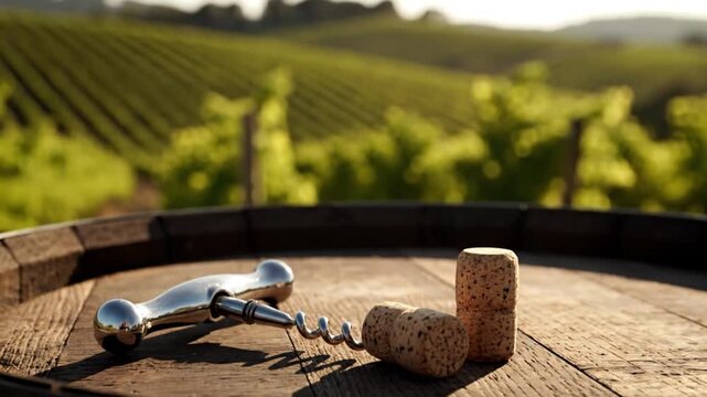 This inviting outdoor scene captures a classic corkscrew and two natural corks resting on a weathered wooden barrel, set against a beautifully blurred vineyard backdrop bathed in warm sunlight. The ru