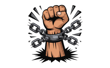 Empowering fist breaking free from chains in a bold comic style