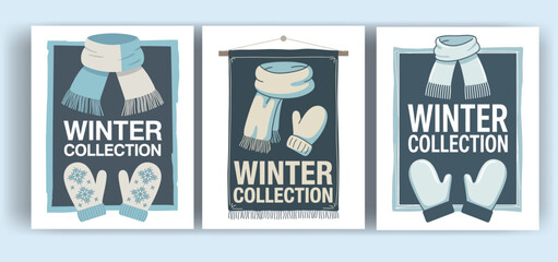 Cozy Winter Collection Posters with Scarf and Mittens Illustration

