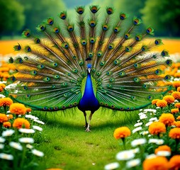 Obraz premium Royal Blue Peacock in Full Plumes Amidst Summer Garden Blooms