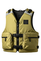 Yellow safety life jacket vest with zipper pockets and straps isolated on a transparent background
