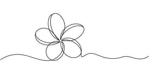 Plumeria flowers in continuous line art drawing style. Minimalist black line sketch on white background, Plumeria flowers in continuous one line art drawing. Frangipani blossom. Vector illustration. © Creative Tania