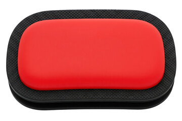 Red gel wrist rest pad with black non-slip rubber base isolated on a transparent background