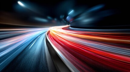 Fototapeta premium Blurred streaks of red and blue light define a high-speed road curving into the distance under artificial lighting.