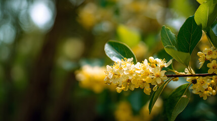 Yellow flowers in spring with a blurred background and copy space for text. Floral background illustration.