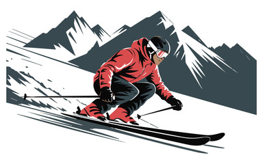 Skier in red jacket speeding down snowy mountain slope