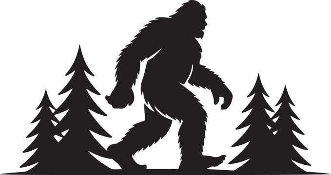 Bigfoot walking through forest with pine trees silhouette vector
