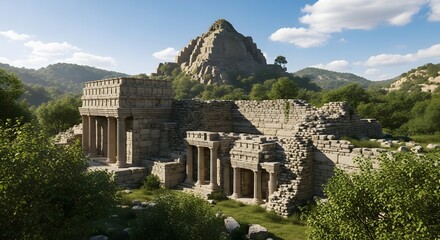 Ancient Ruins Nestled in a Serene Mountainous Landscape with Columns and Greenery