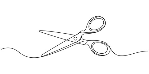 continuous one line drawing of a pair of scissors cutting a thread a tailor or craft tool vector outline sketch, Continuous one line drawing of scissors cutting vector illustration