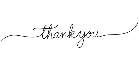 thank you lettering continuous single one line art drawn  phrase on white black background. hand drawing of word text thanks