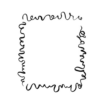 Minimalist hand-drawn rectangular frame with unique curly and loopy black ink edges. Artistic organic border featuring abstract swirling lines and handwritten brush strokes on white