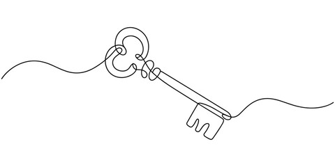 Continuous one line drawing of key. One line drawing illustration of key. Security concept continuous line art. Editable outline, continuous one line drawing of keys. Real estate keys icon.