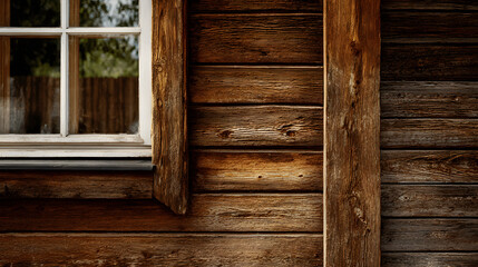 An old brown wooden house wall with a window and copy space for text. Illustration of a house exterior design background.