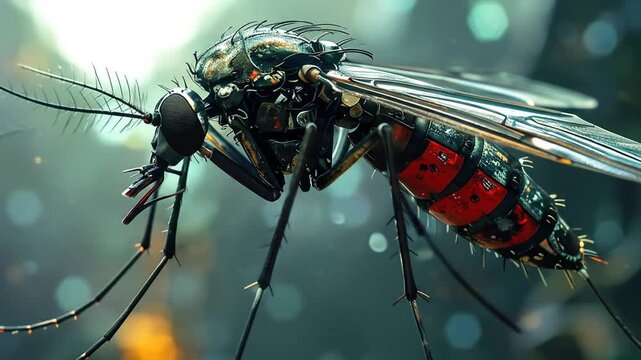 Macro view of a metallic, biomechanical mosquito. Detail in structure and color