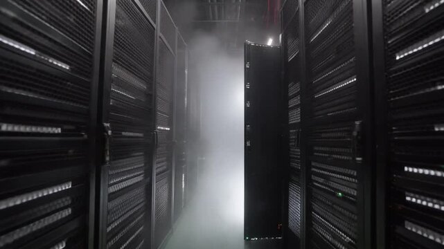 Server Room Corridor with Racks and Glowing Light.