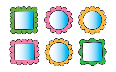 Colorful cartoon photo frames in green, pink, and orange