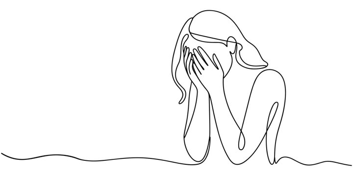 Continuous one line drawing of a crying woman covering her face. Sadness, depression, sorrow, grief concept. Unhappy female character in despair. Mental health linear vector.