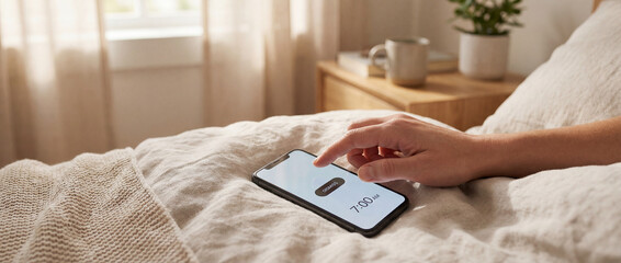 Hand turning off smartphone alarm clock in morning, waking up routine concept