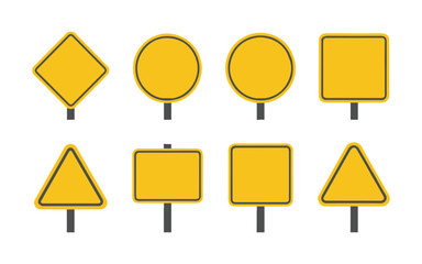 Yellow road signs on white background for traffic and navigation