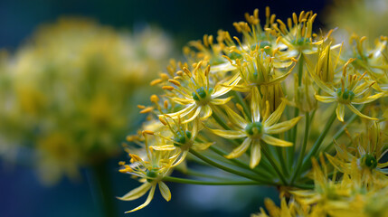 Yellow allium flowers on a blurred background with copy space for text. Floral background illustration.