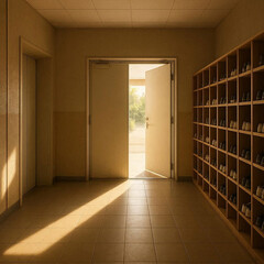 一日の終わりを告げる光が差し込む美しい学校の下駄箱