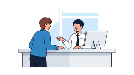 Professional customer service representative providing efficient assistance to a client at a modern service desk, demonstrating helpful support and clear communication