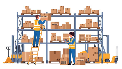 Warehouse operations illustration showing workers managing inventory on shelves. Forklifts and pallet jacks aid in efficient logistics and distribution