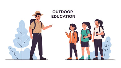 Engaging outdoor education scene with a passionate guide teaching young students about nature, promoting environmental awareness and scientific exploration