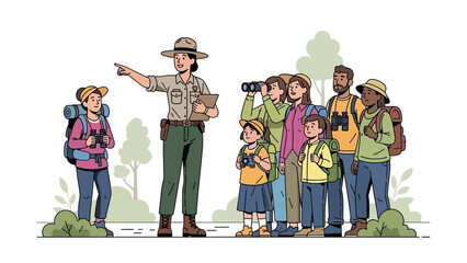 Park ranger guiding a curious family on an educational outdoor adventure, pointing out fascinating natural wonders during a scenic hike, promoting discovery and appreciation