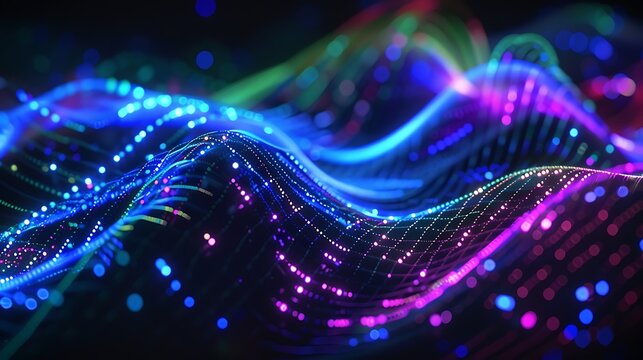 Colorful glowing wave lines with vibrant blue and purple tones - Powered by Adobe