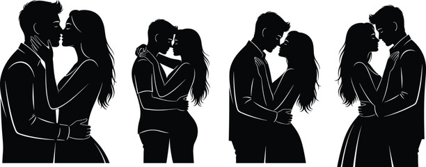 Kissing couples, romantic silhouettes, black figures, love pose, intimate embrace, vector design, affection scene, minimal illustration