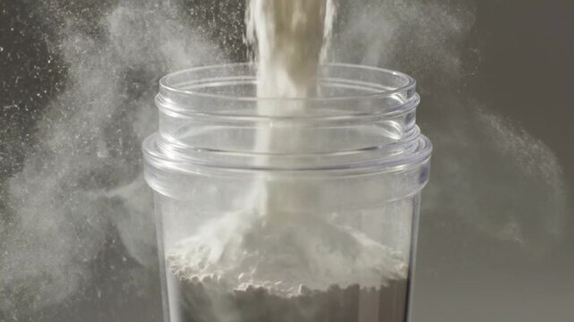 White powder streams into a clear shaker creating a cloud of fine particles above a darker base layer
