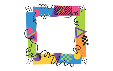 Vibrant memphis design frame with colorful geometric shapes