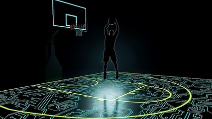 A digital basketball player leaps to shoot in a neon illuminated court