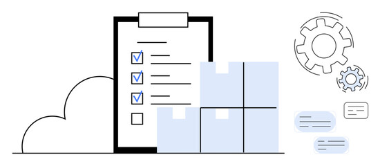 Logistics, supply chain, cloud storage, task management, productivity, organization. A checklist with boxes, cloud and gears. Logistics and supply chain illustrated with task tracking elements