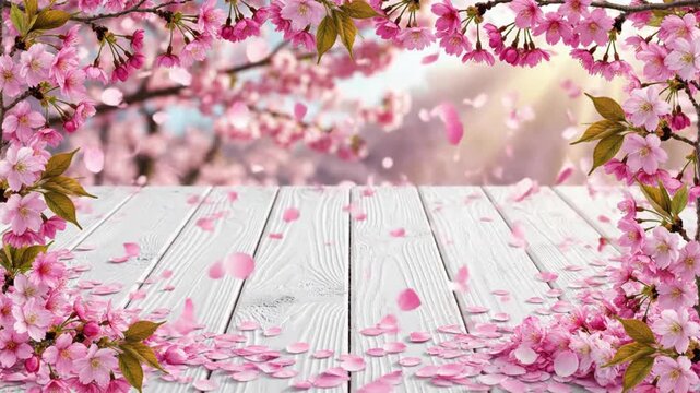 White wooden planks are covered with falling pink flower petals framed by blooming pink cherry blossom branches against a soft blurred background