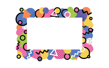 Vibrant memphis design frame with colorful geometric shapes