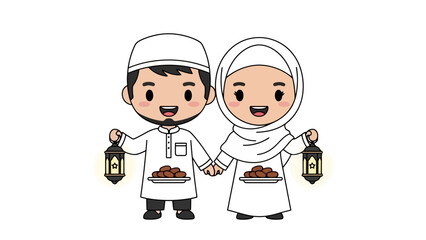 Muslim couple wearing traditional attire holding lanterns during Ramadan celebration