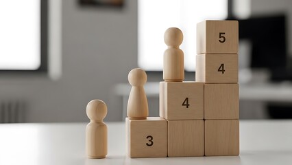 Wooden figures standing on stacked blocks with numbers representing progress