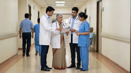 Medical team discussing patient care in hospital corridor